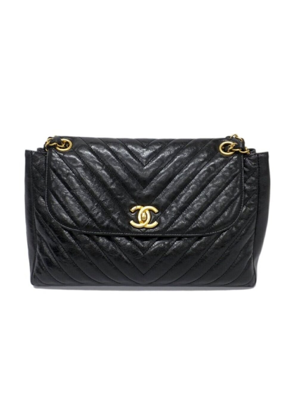 Chanel Chevron Classic Black Chain Shoulder Bag CC Logo Gold